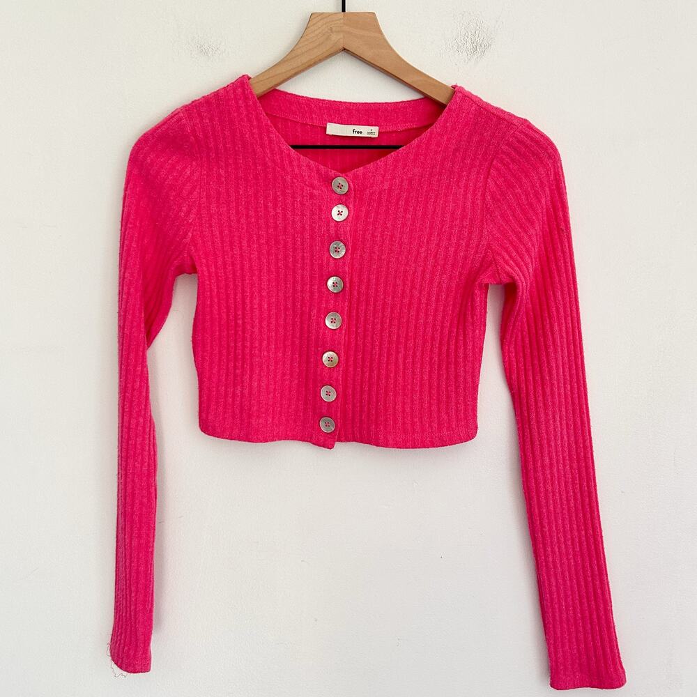 Aritzia Wilfred Cropped Ribbed Long Sleeve Halo Cardigan Sweater Size S Pink
